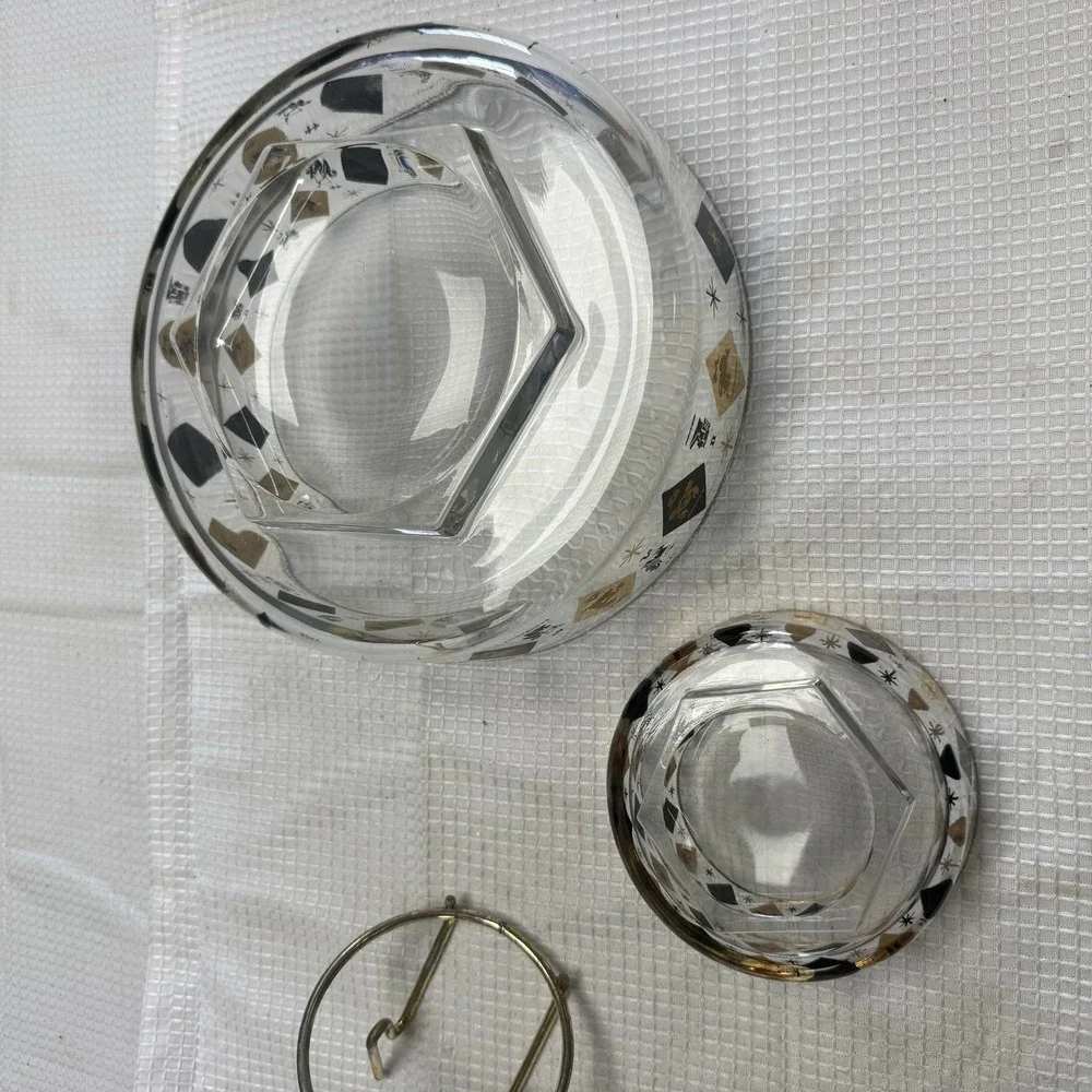 3 Pc Set VTG MCM Federal Zodiac Harlequin Diamond Black 22kt Gold Bowls Chip Dip
